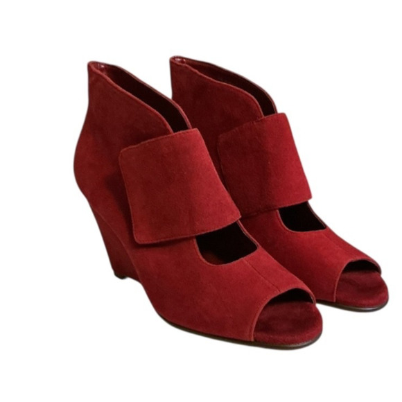 Aerosoles Boots Womens 9.5 M Sound Wave Wedge Ankle Booties Red Leather Peep Toe - Picture 1 of 14